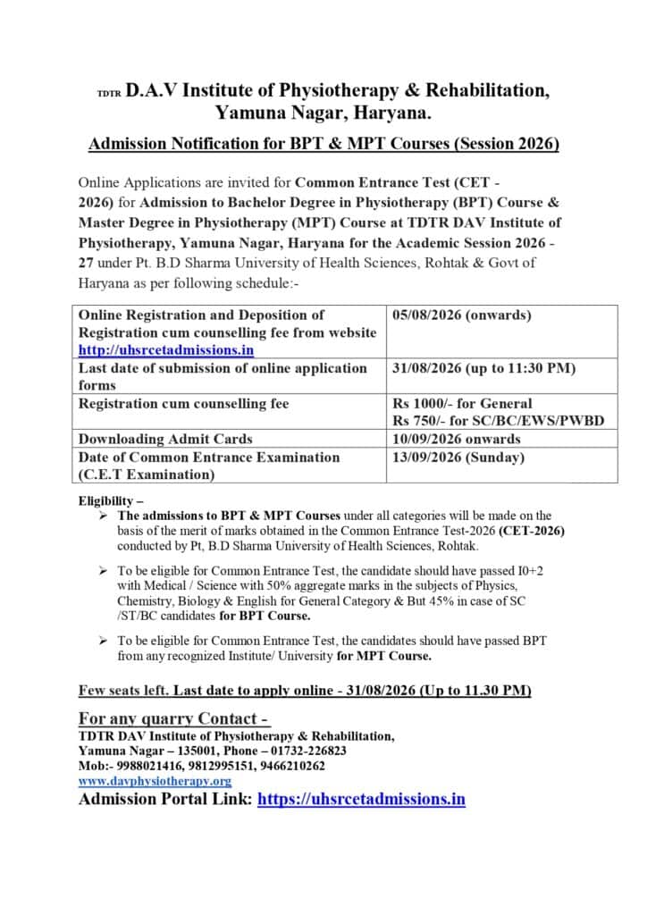 CET 2026 BPT & MPT Admission Notification DAV Inst. of Physiotherapy Yamuna Nagar._page-0001